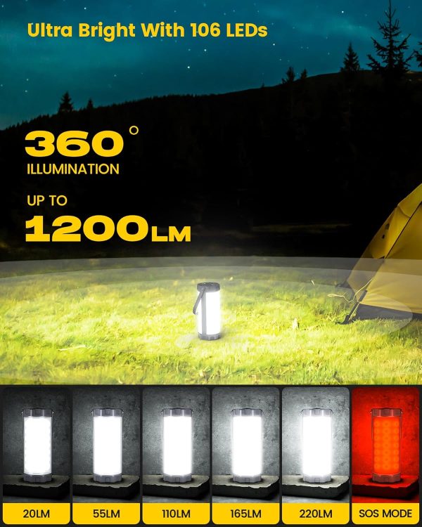 Glocusent 106 LED Camping Lantern Rechargeable, Up to 80Hrs, 5000mAh Lantern with 5 Brightness 3 Modes & SOS, IP68 Waterproof, Max 1200LM, Camping Light for Power Outages Hiking Emergency Hurricane - Image 2