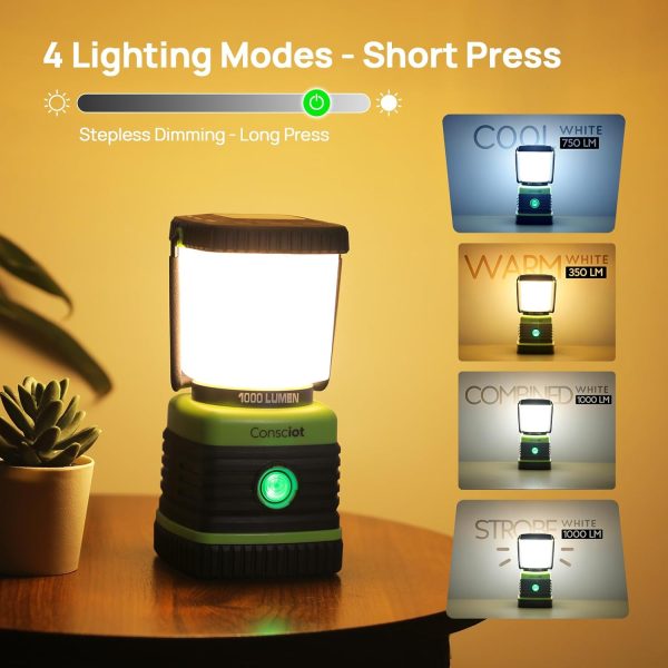 LED Camping Lantern, Consciot Battery Powered Camping Lights, 1000LM, 4 Light Modes, IPX4 Waterproof Tent Lights, Portable Flashlight for Power Outages, Emergency, Hurricane, Hiking, 2-Pack - Image 3
