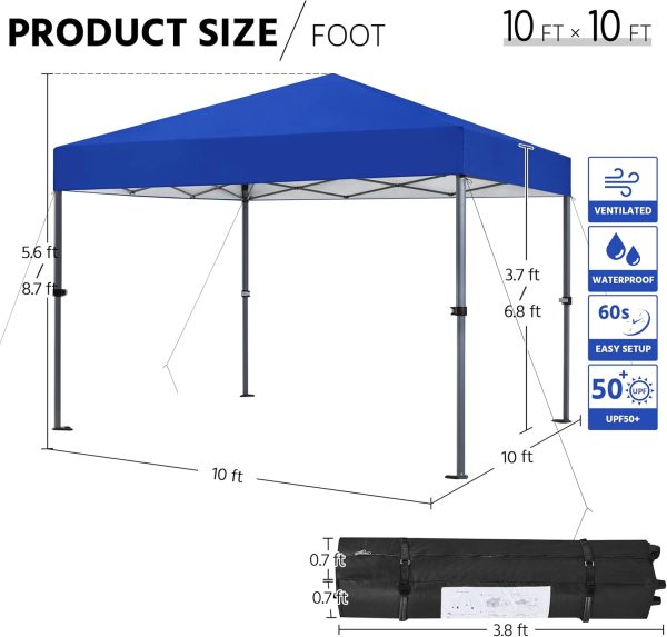 Yaheetech 10x10 1-Person Setup Pop Up Canopy Tent, Instant Portable Commercial Canopy Tent, Outdoor Gazebo with 1-Button Push, Wheeled Bag & 4 Sandbags for Home, Party & Outdoor Activities, Blue - Image 3